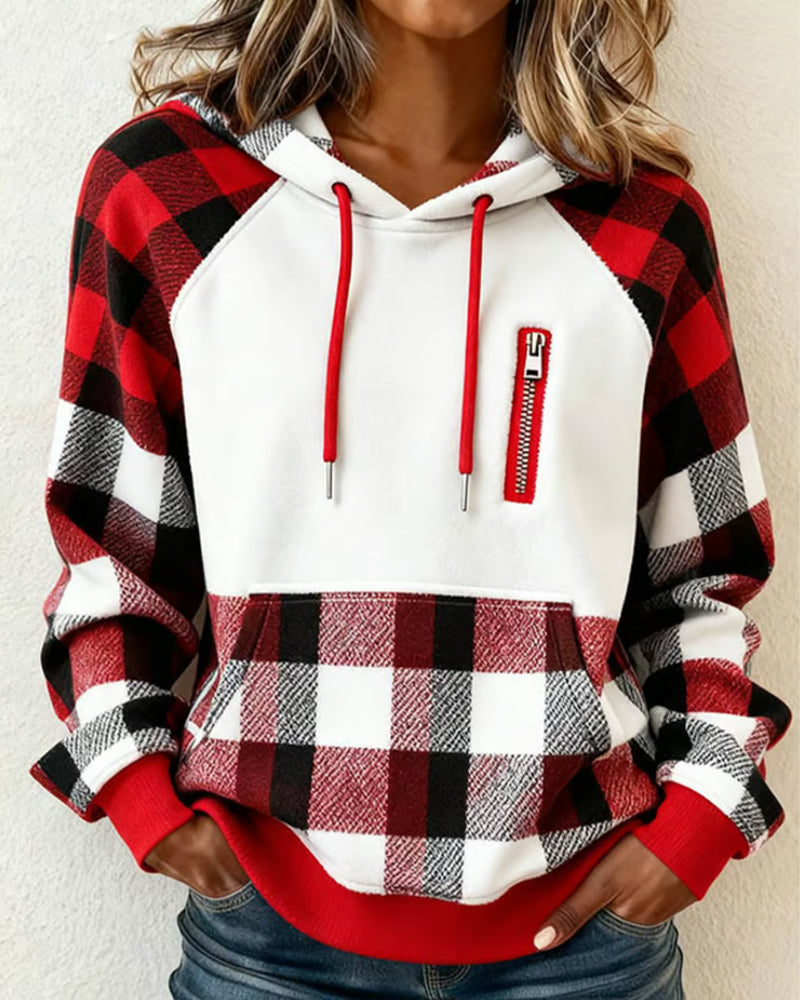 Color-Blocked Plaid Hoodie