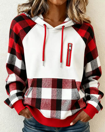 Color-Blocked Plaid Hoodie