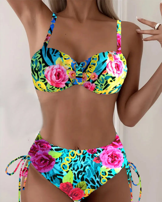 Floral Print Sexy Bra Triangle Lace-Up Bikini