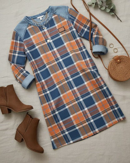 Plaid Patchwork Denim Dress