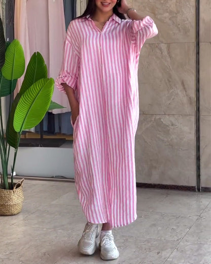 Loose Lapel Striped Dress
