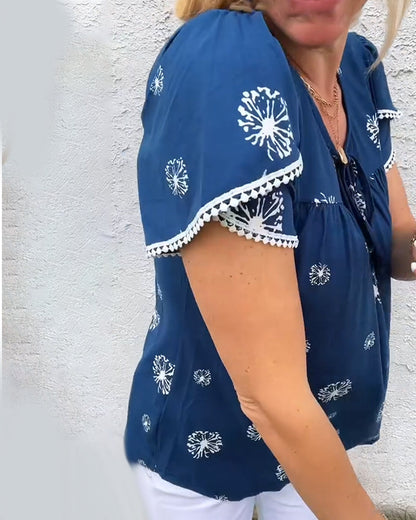 Petal Sleeve Print Tie-Dye Blouse