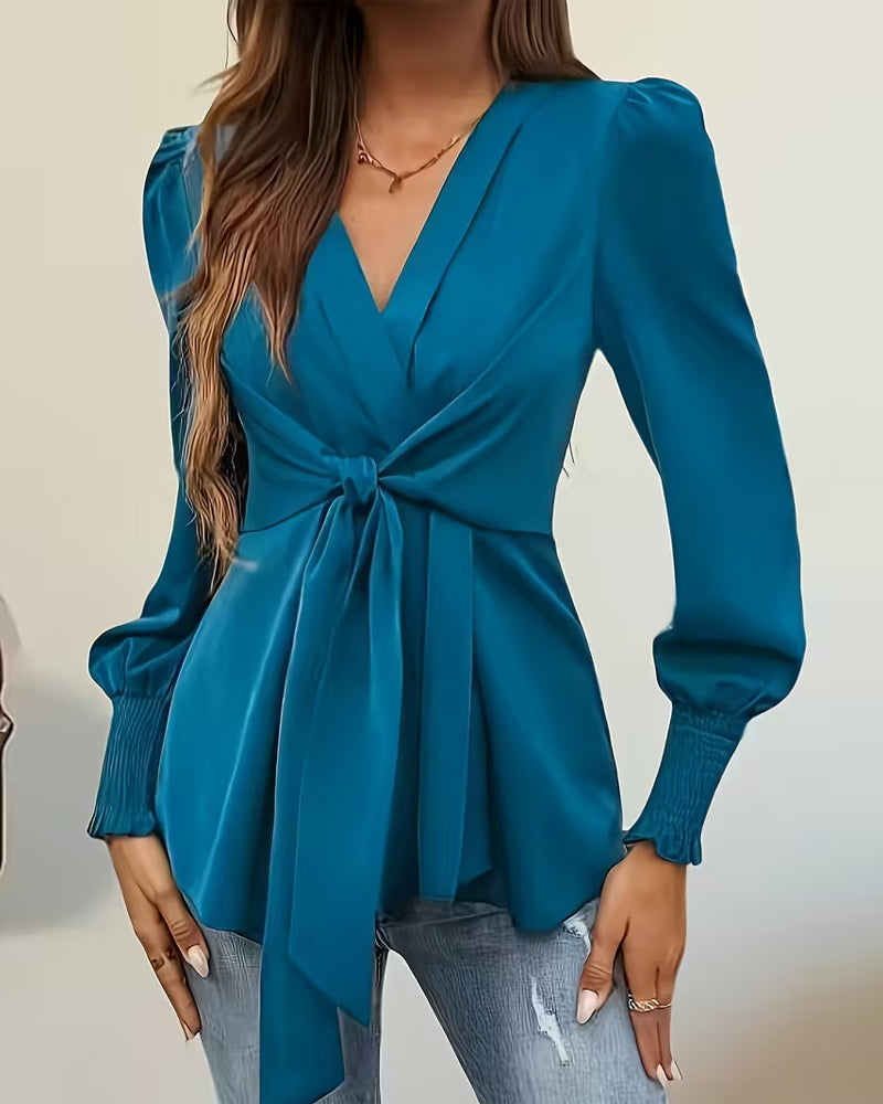 Elegant Cross-Tie Lantern Sleeve Top