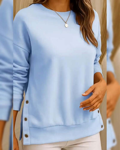 Crew Neck Sweatshirt With Button-Down Hem