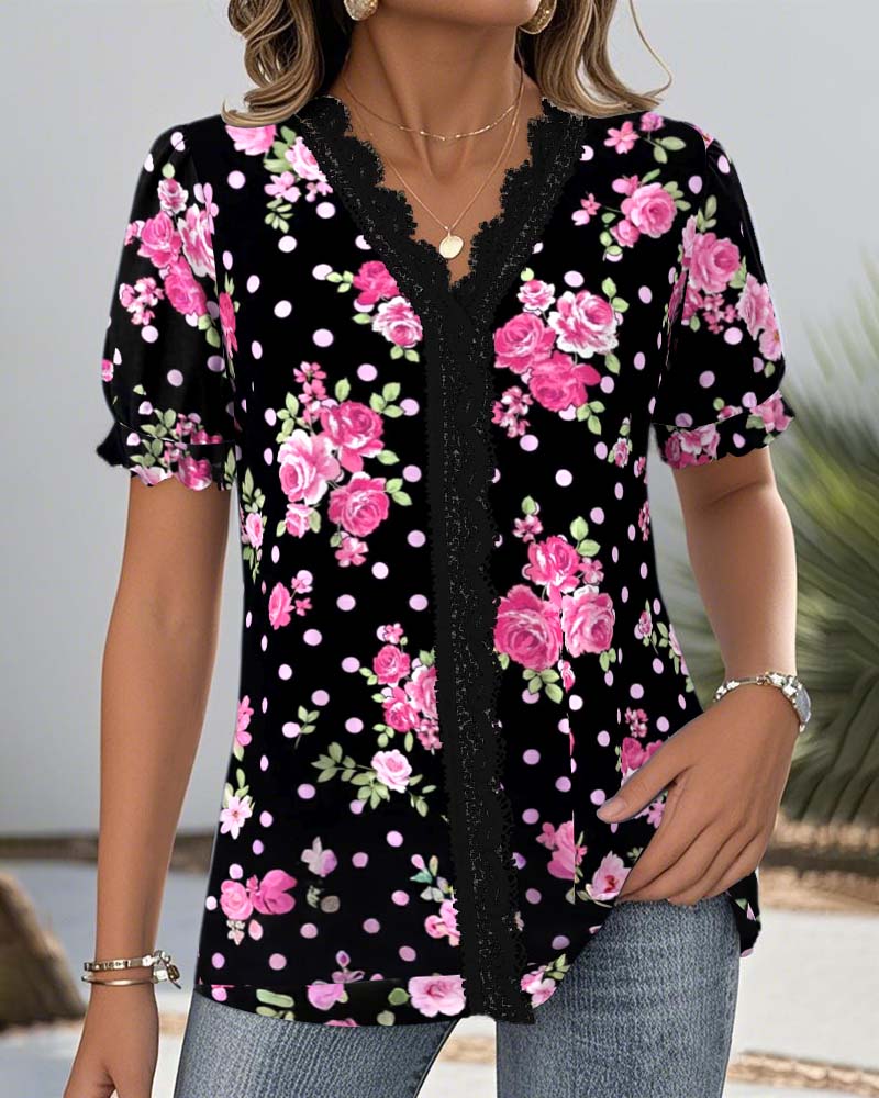 V-Neck Lace Lantern Sleeve Printed Blouse