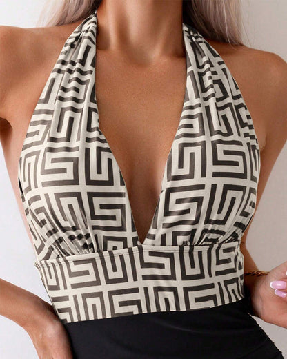 Printed Contrast Halterneck One-Piece Swimsuit