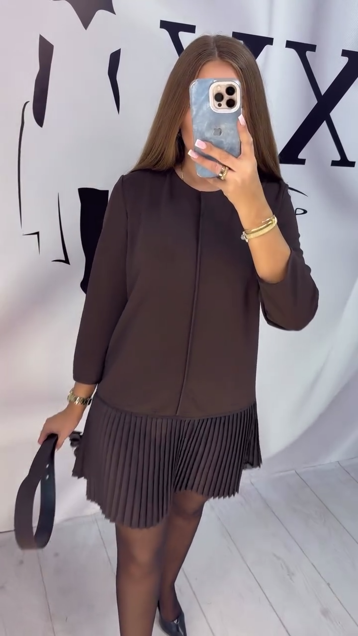 Three-Quarter Sleeve Accordion Pleated Dress