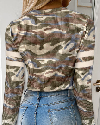 Half-Zip Camouflage Long-Sleeved Top