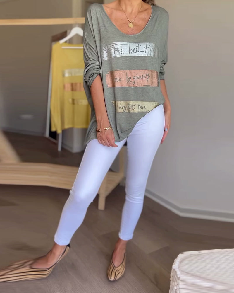 Long sleeve round neck letter print top