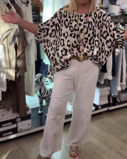 Round Neck Leopard Print Loose Blouse