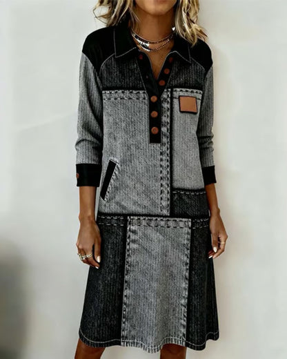 Button Lapel V-Neck Color Block Fashion Dress