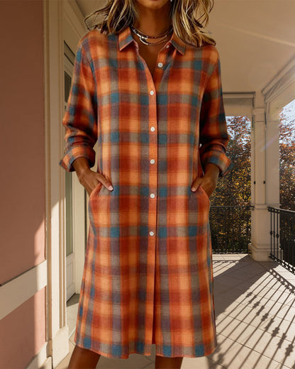 Lapel Plaid Button-Down Shirt Dress