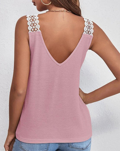Solid Color Casual Lace Waffle Stitching Vest