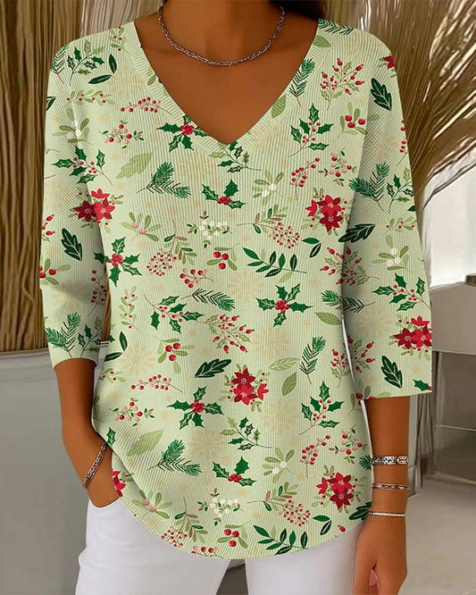 Women's Christmas Print V-Neck 3/4 Sleeve Casual Loose knitted top