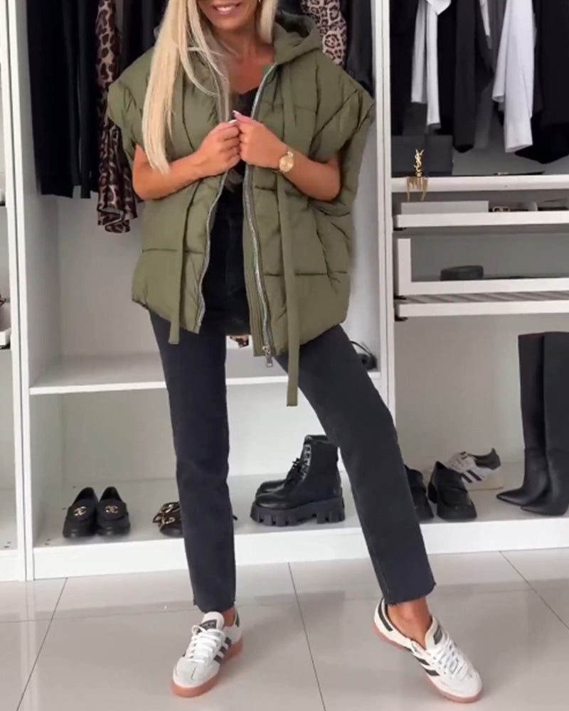 Hooded solid color zipper short sleeve padded jackets