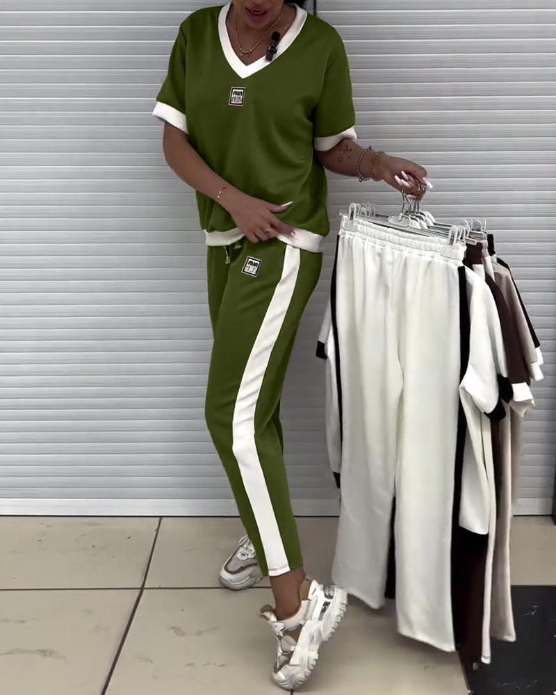 Casual V-Neck Contrast Color Sports Suit