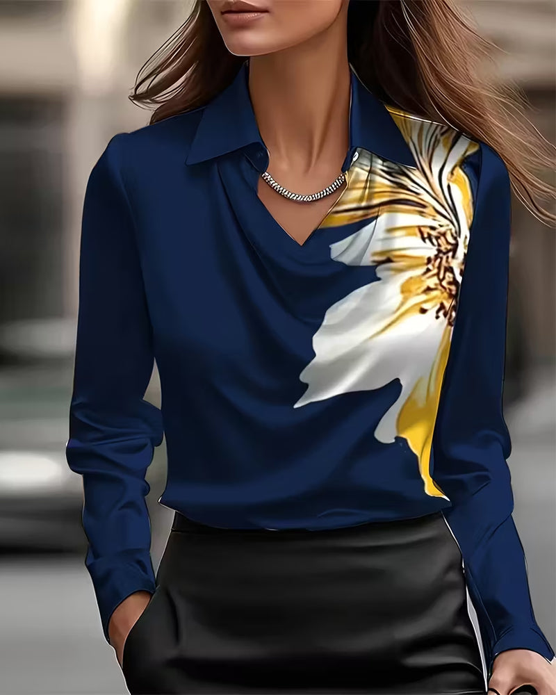 Lapel Straight Shoulder Printed Blouse