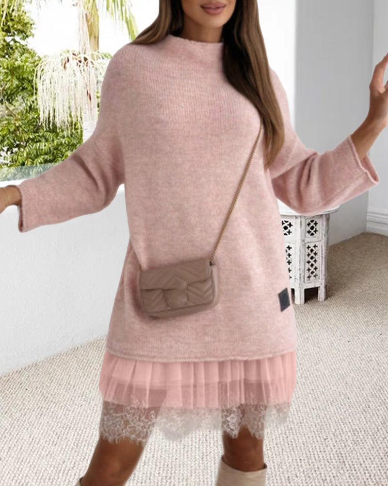 Casual solid color high collar pullover mesh dress set