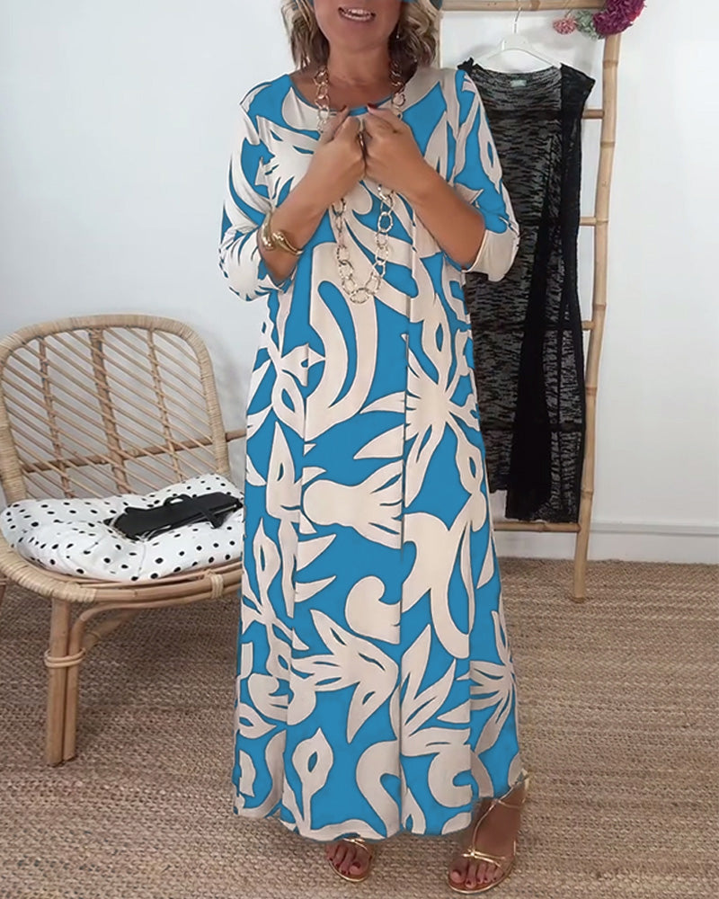Round Neck Long Sleeve Printed Dress