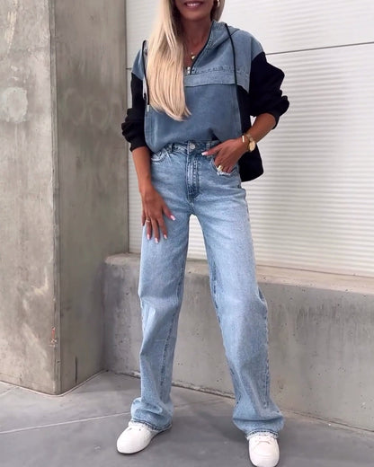 Casual denim patchwork zipper hoodie