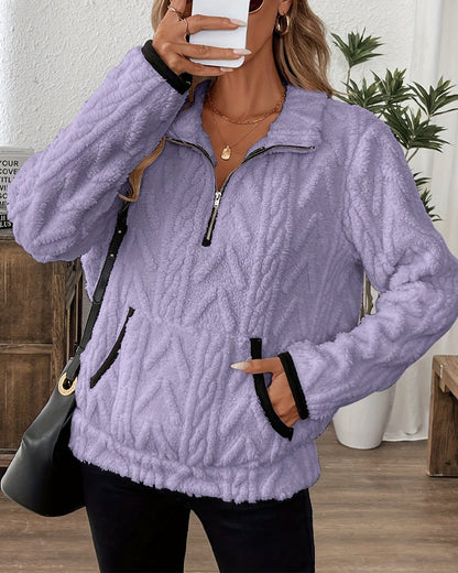 Lapel Zipper Front Fuzzy Sweatshirt