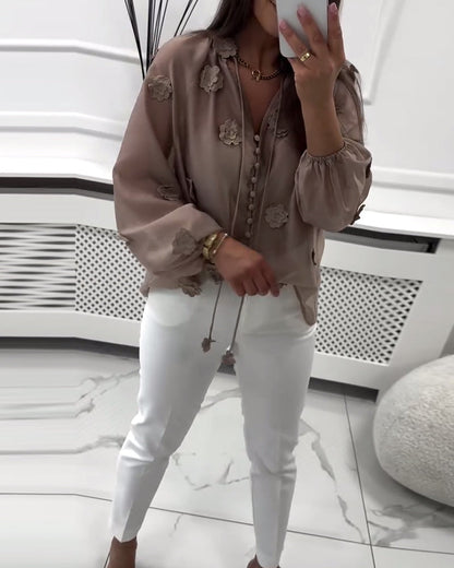 Solid Color 3D Floral Lace-Up Blouse