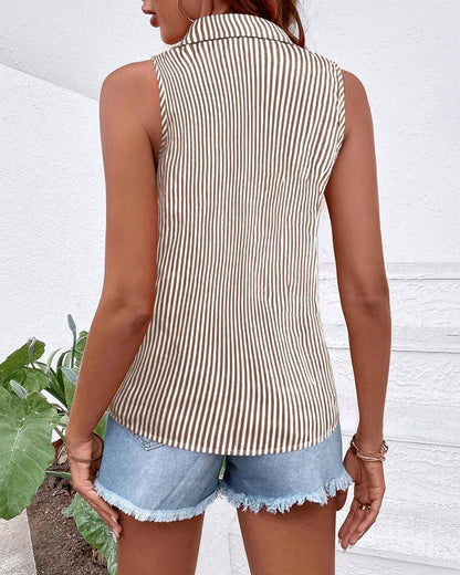 Sleeveless Lapel Striped Tank Top