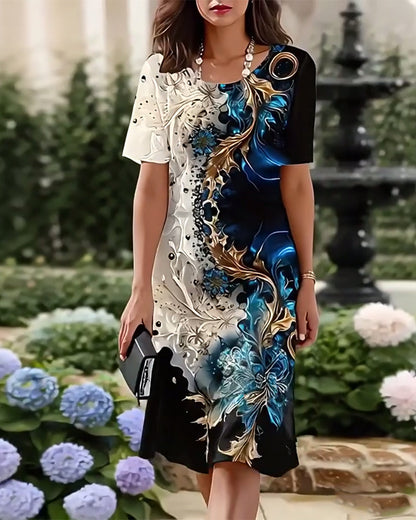 Round Neck Printed Straight Dress