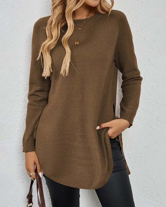 Round Neck Slit Solid Color Jumper