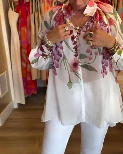 Lantern Sleeve Casual Printed Blouse