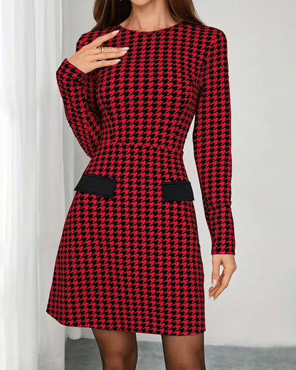 Long-Sleeved Houndstooth Print Dress