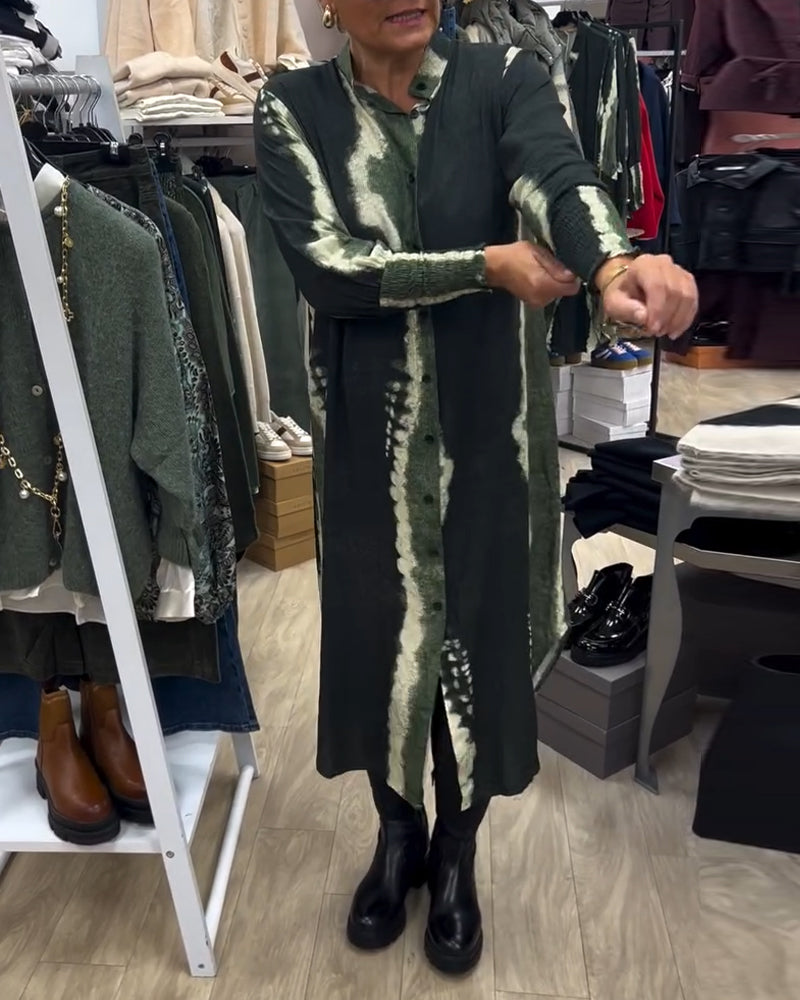 Stand collar button-down printed shirt dress