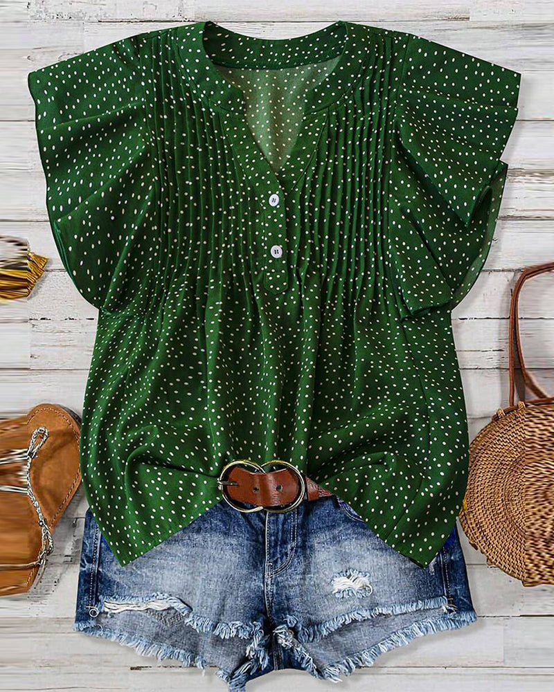 Ruffle Sleeve V-Neck Polka Dot Blouse