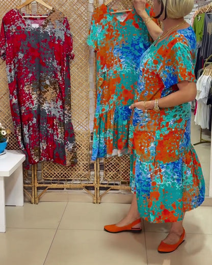 V-Neck Gradient Multi-Color Print Dress