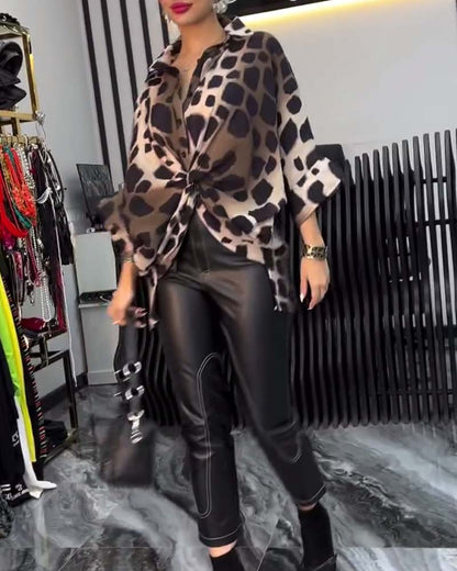 Lapel leopard print blouse