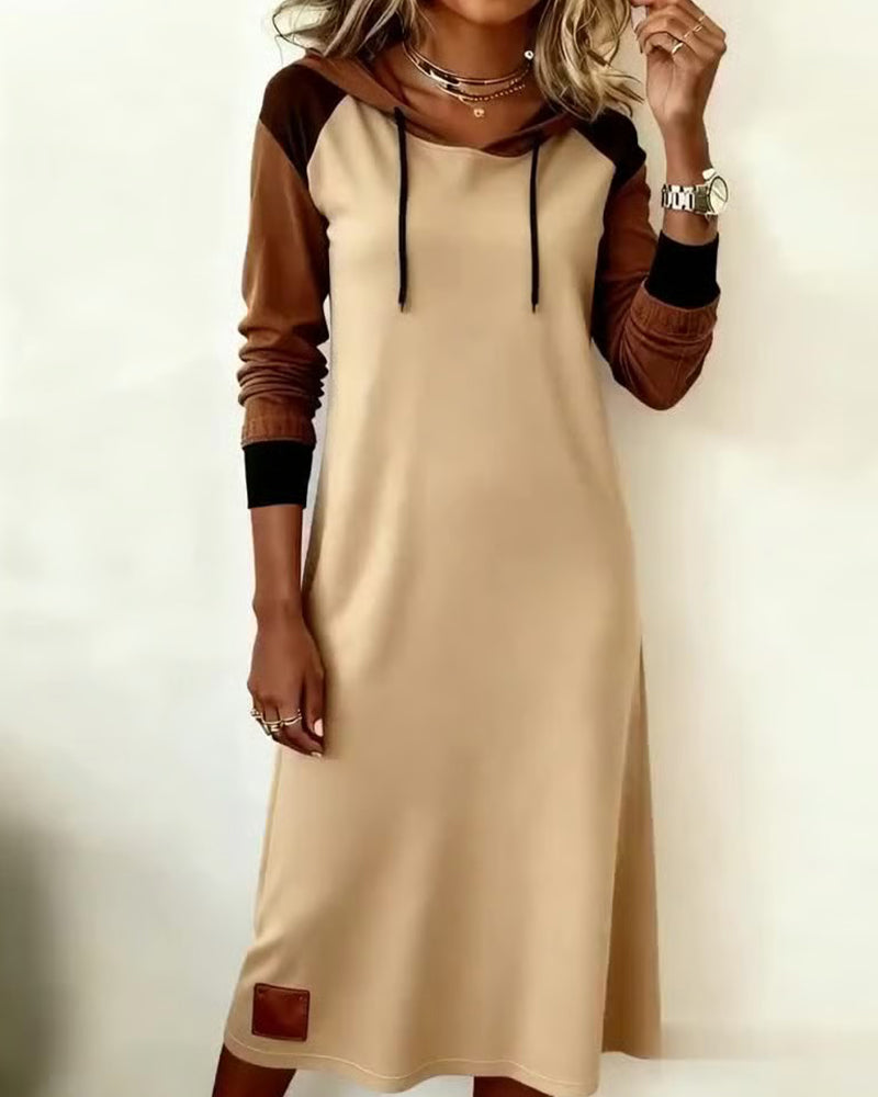 Contrast Color Hooded Fashionable Dress