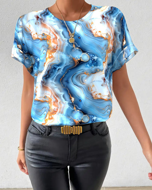 Crew Neck Marble Print T-Shirt