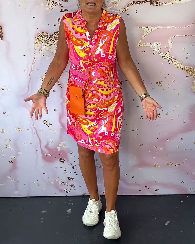 Printed sleeveless V-neck elegant dress