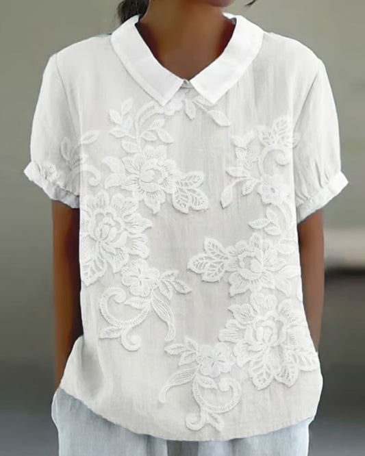 Solid Color Blouse With Lapel Print