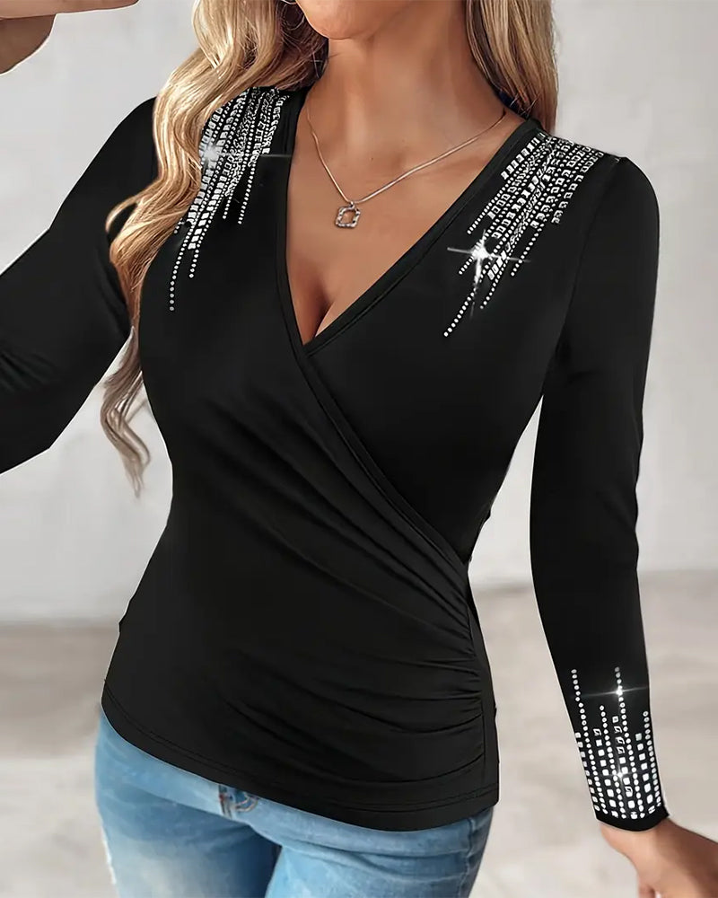 Fashionable V-Neck Diamond Long Sleeve Top