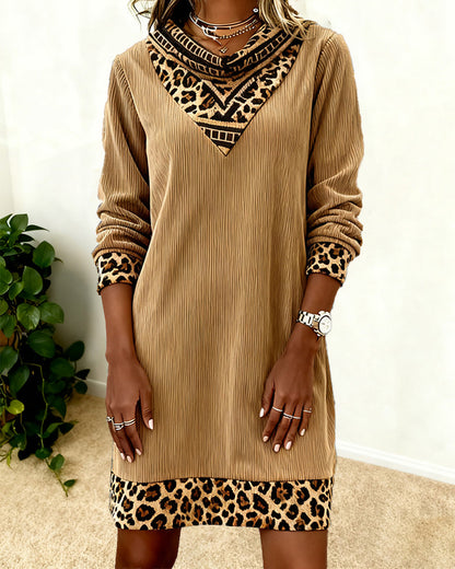 Swing Collar Leopard Print Corduroy Dress