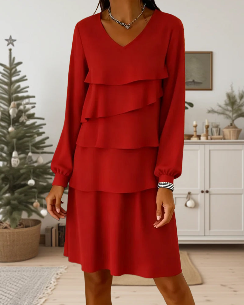 V-Neck Long Sleeve Tier Layer Dress