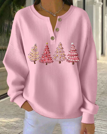 Buttoned Christmas Tree Print Sweatshirt