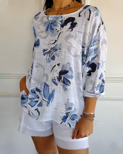 Round Neck Long Sleeve Printed Blouse
