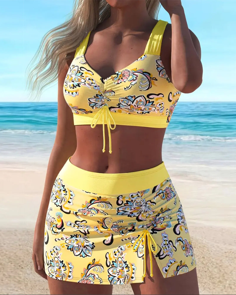 Tie-Strap Printed Two-Piece Skirt Swimsuit