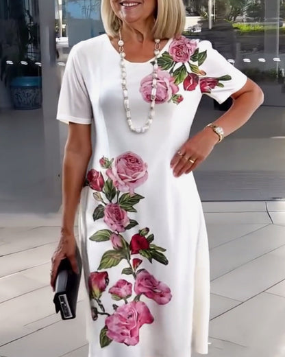 Short Sleeve Rose Print Shift Dress