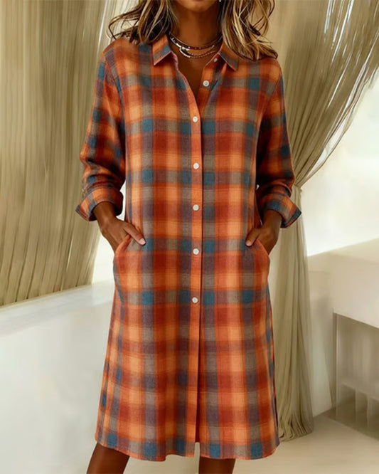 Lapel Plaid Button-Down Shirt Dress