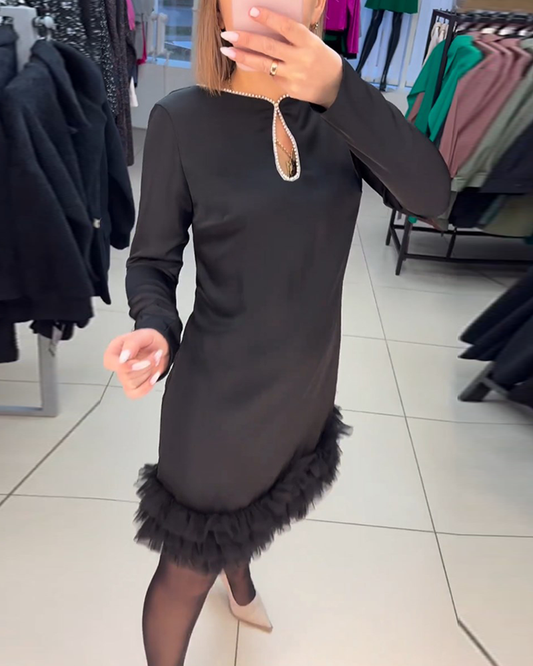 Pearl Neck Dress with Fur Hemline