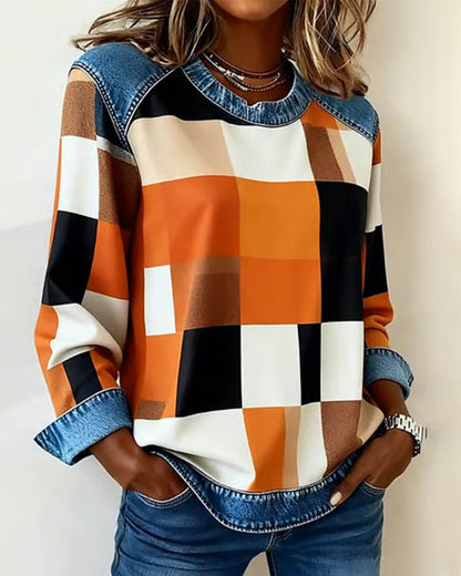 Plaid Patchwork Contrast Color Sweatshirt