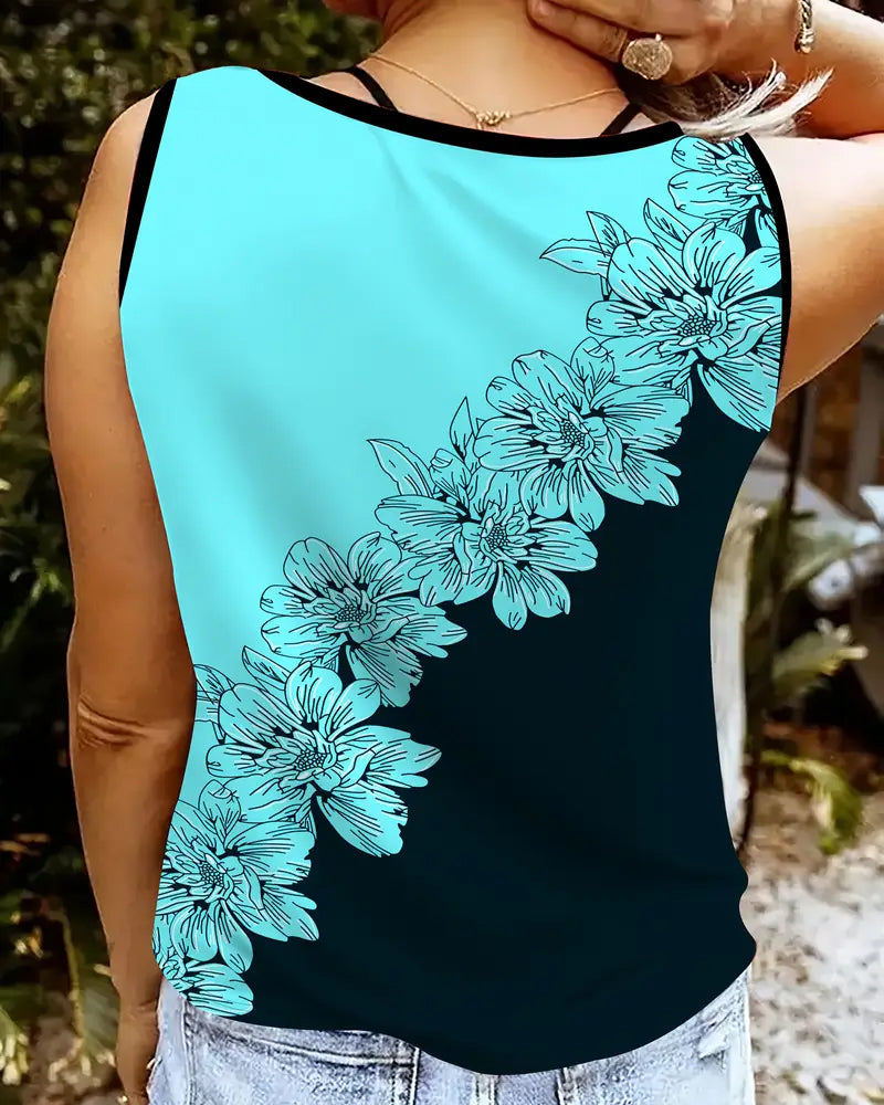 V-Neck Sleeveless Printed Colorblock Tank Top